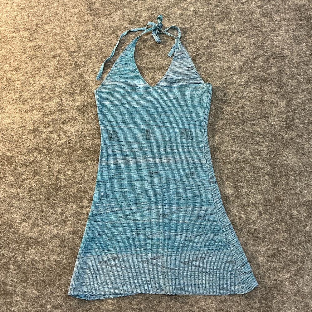 VRG GRL Blue Halter Vacation Resort Summery Knit Mini Dress Size M